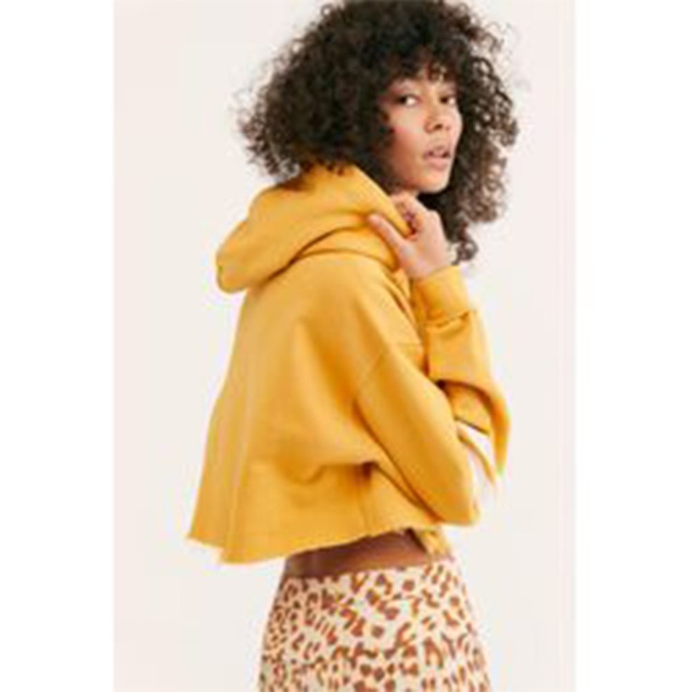 NWT Free People Baldwin Graphic Crop Hood Sweater Hoodie Sky Canary Yellow Large - Picture 2 of 10